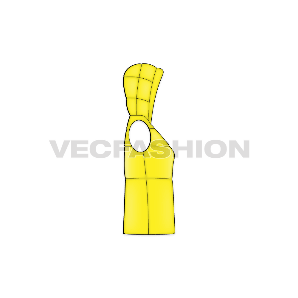 Womens puffer vest coat, yellow flat sketch, side view