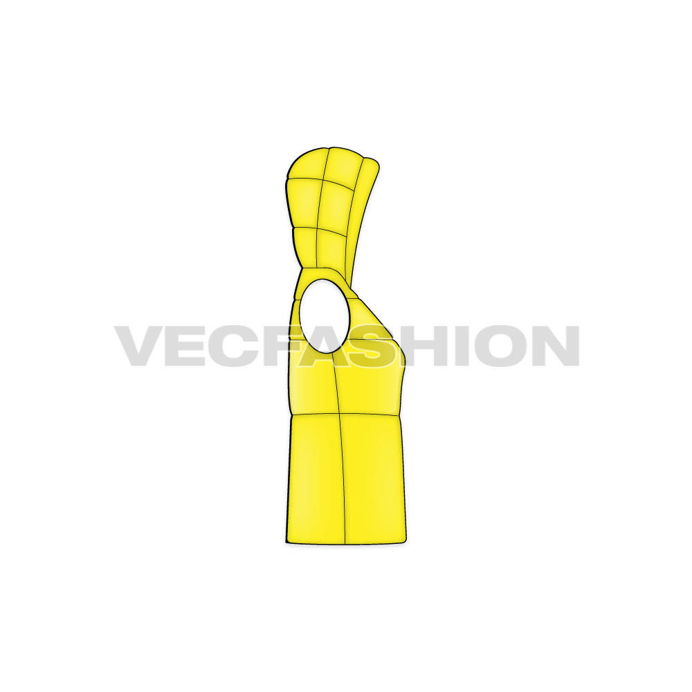 A vector template for Women's Puffer Vest Coat. It is rendered in yellow color and have illustrated in three views, front, back and side view.