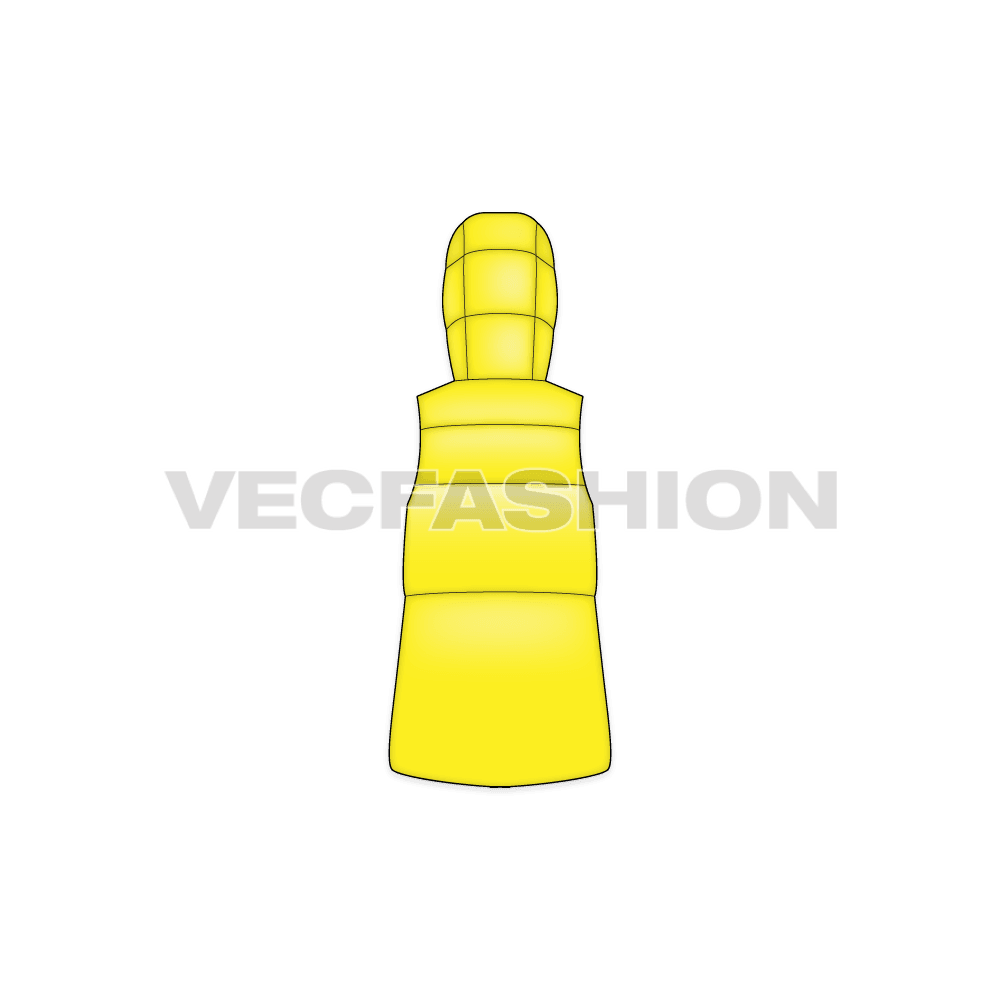 Womens puffer vest coat, yellow flat sketch, back view