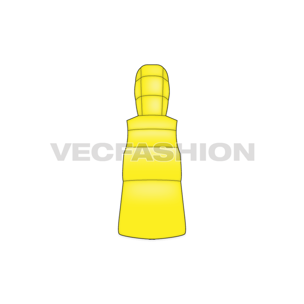 A vector template for Women's Puffer Vest Coat. It is rendered in yellow color and have illustrated in three views, front, back and side view.