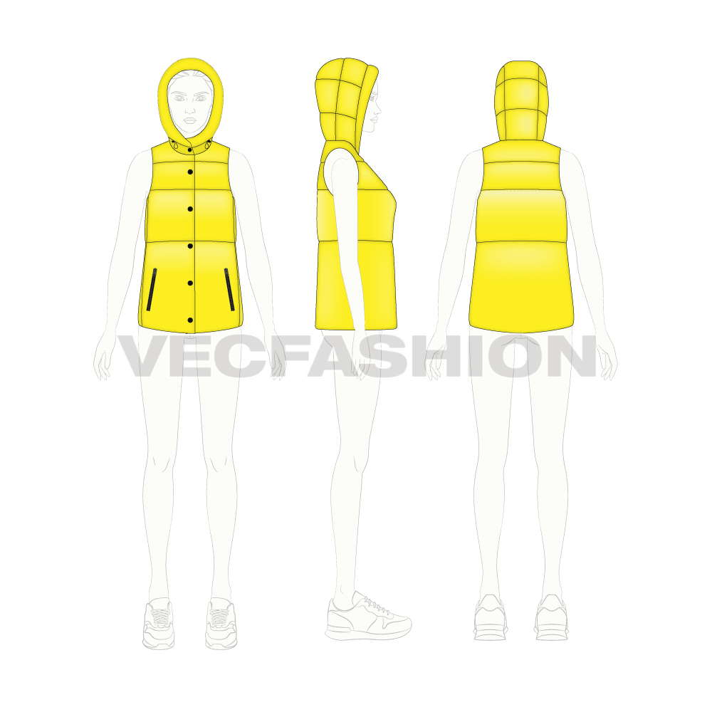 Womens puffer vest coat, yellow flat sketch, croqui sketch