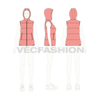 Womens puffer vest with detachable hood flat sketch, croqui sketch