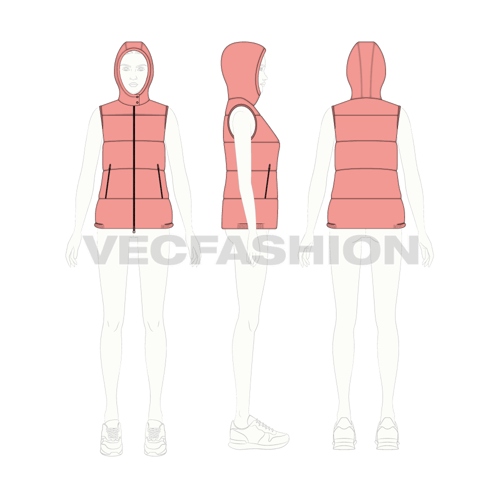Womens puffer vest with detachable hood flat sketch, croqui sketch