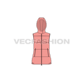 Womens puffer vest with detachable hood flat sketch, front view