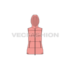 Womens puffer vest with detachable hood flat sketch, front view