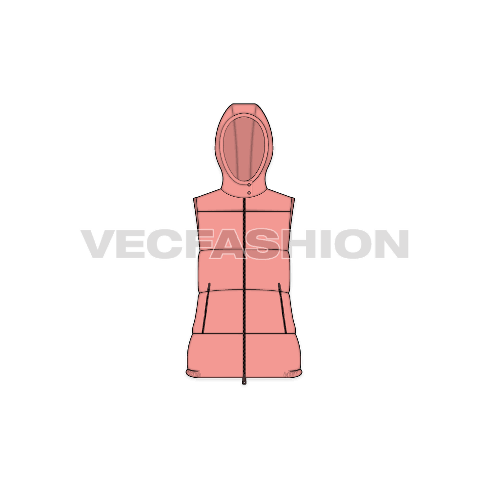 Womens puffer vest with detachable hood flat sketch, front view