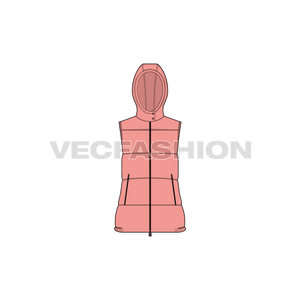 A vector template for Women's Puffer Vest with Detachable Hood. It has insulated panels on body with pockets on sides.