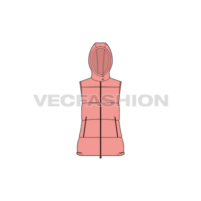 A vector template for Women's Puffer Vest with Detachable Hood. It has insulated panels on body with pockets on sides.