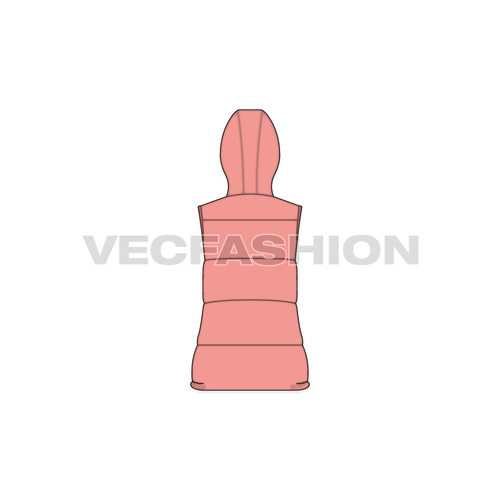 Womens puffer vest with detachable hood flat sketch, back view