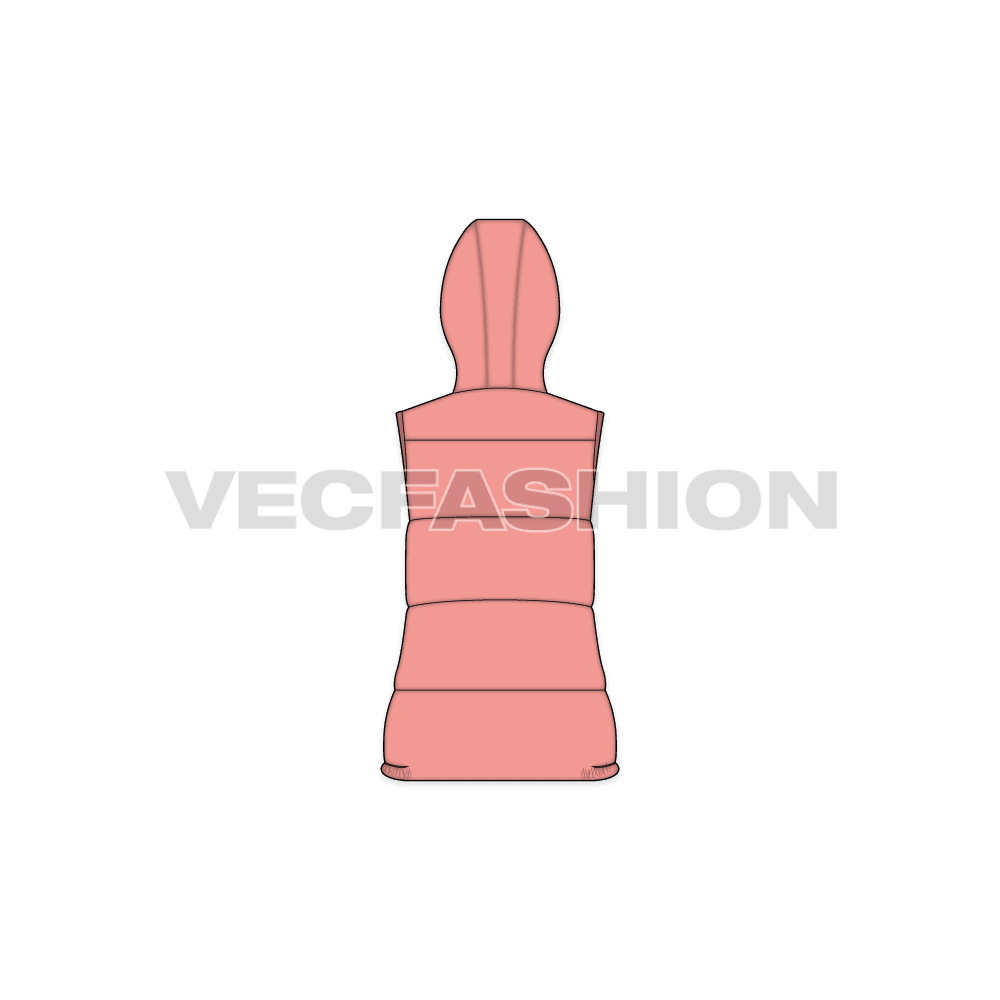 A vector template for Women's Puffer Vest with Detachable Hood. It has insulated panels on body with pockets on sides.