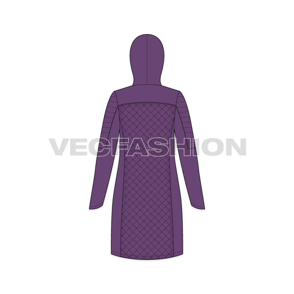A vector template for Women's Quilted Climbing Jacket, it has details like quilted fabric, trims, drawstrings and stoppers, hood and front zipper is 2-way which can be open from top or bottom. 