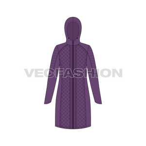 A vector template for Women's Quilted Climbing Jacket, it has details like quilted fabric, trims, drawstrings and stoppers, hood and front zipper is 2-way which can be open from top or bottom. 
