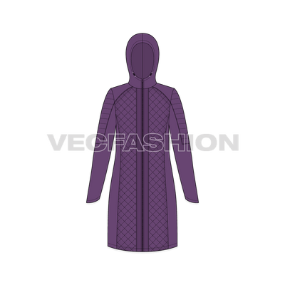 A vector template for Women's Quilted Climbing Jacket, it has details like quilted fabric, trims, drawstrings and stoppers, hood and front zipper is 2-way which can be open from top or bottom. 