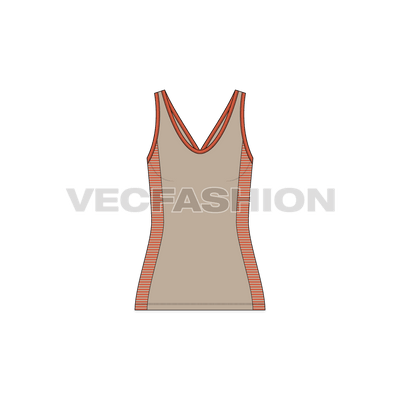 A vector template of Women's Racerback Style Tank Top. It is a sport style tank top with striped panel on sides and there are stylized shoulder straps. 