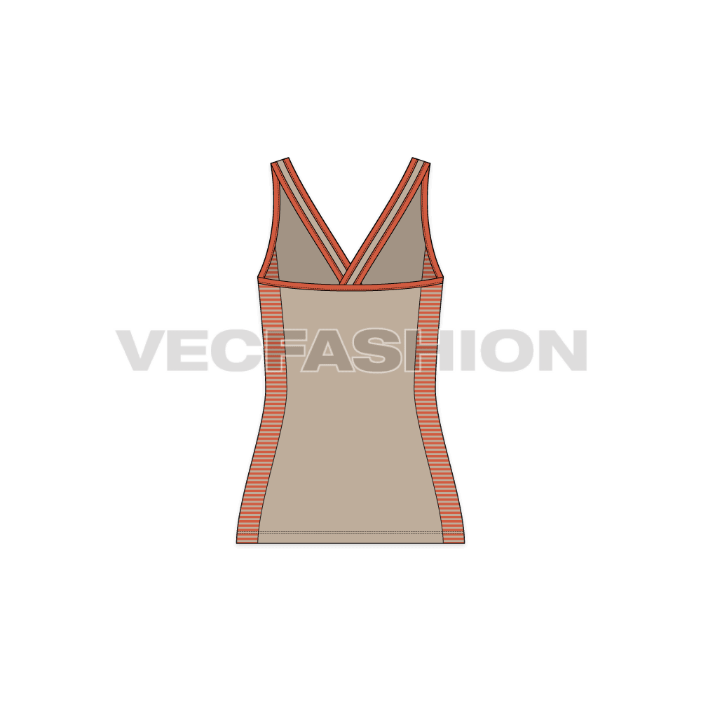 A vector template of Women's Racerback Style Tank Top. It is a sport style tank top with striped panel on sides and there are stylized shoulder straps. 