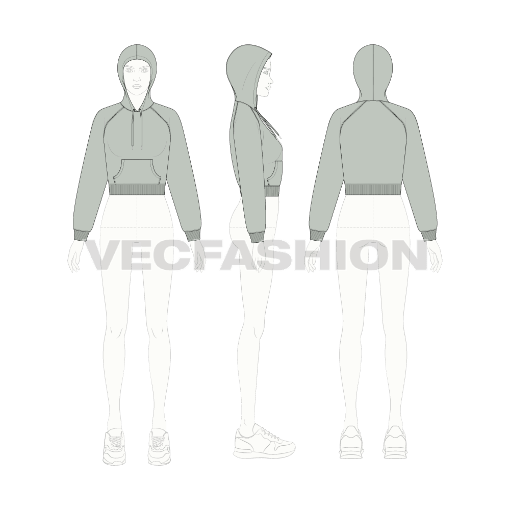 Womens raglan sleeve crop hoodie flat sketch, croqui sketch