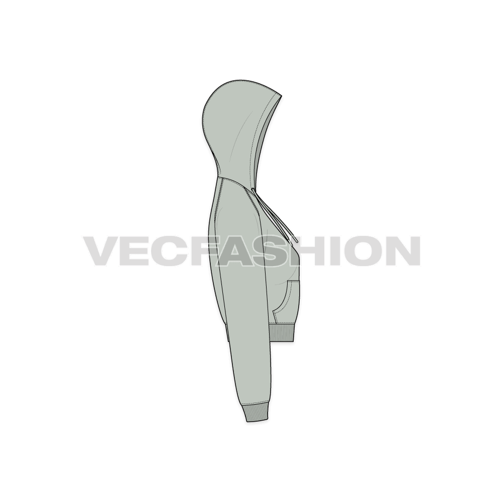 Womens raglan sleeve crop hoodie flat sketch, side view