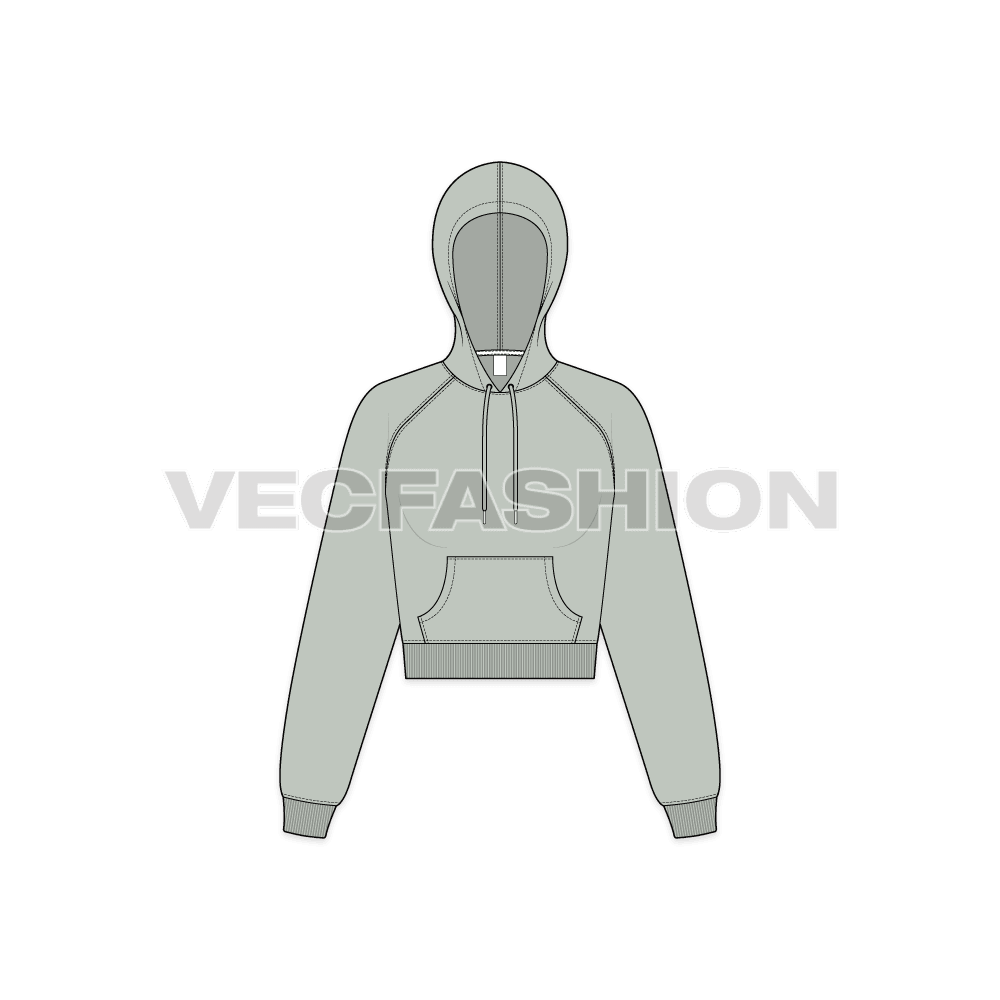 Womens raglan sleeve crop hoodie flat sketch, front view