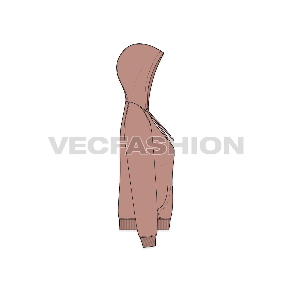 Womens raglan sleeve hoodie, zip up flat sketch, side view