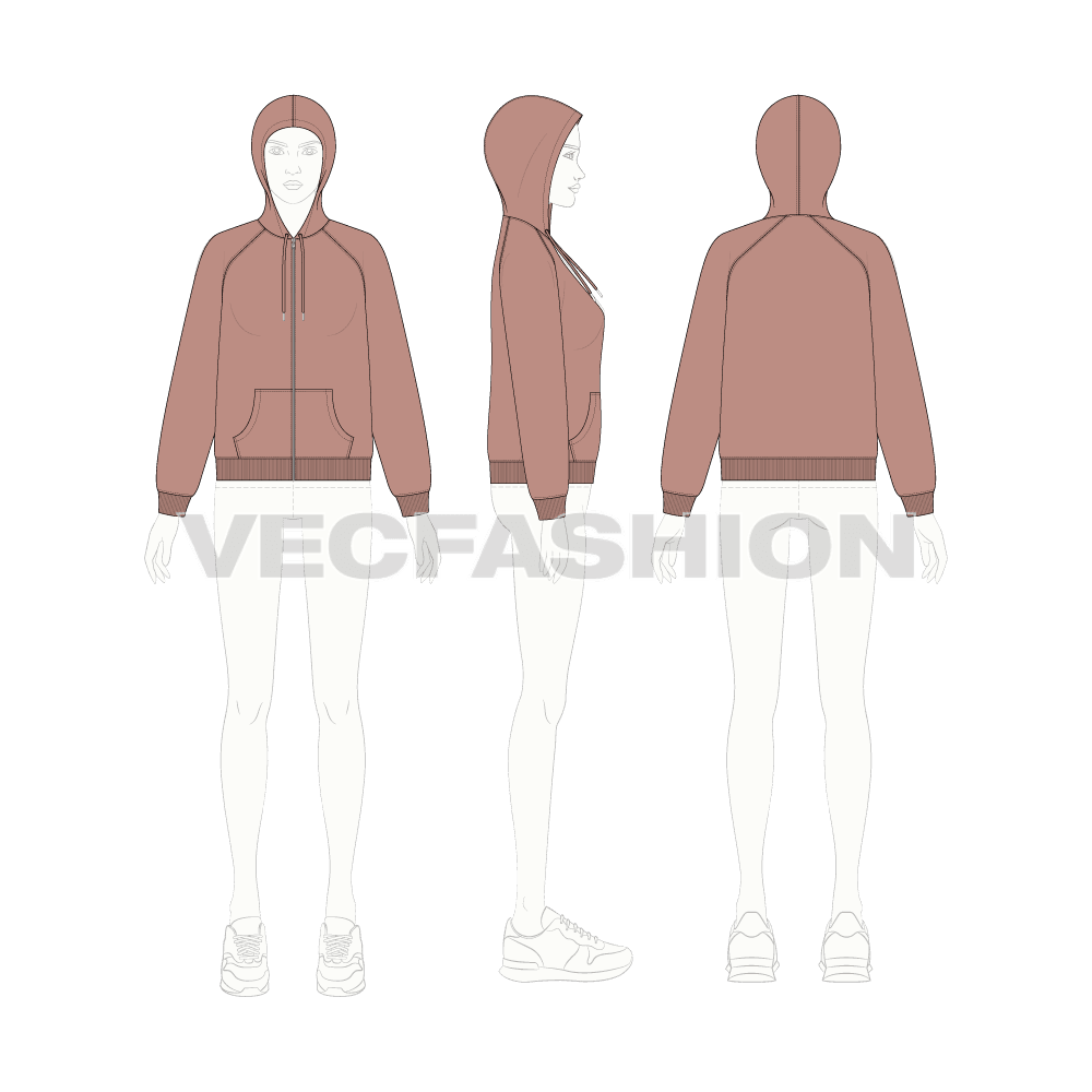 Womens raglan sleeve hoodie, zip up flat sketch, croqui sketch