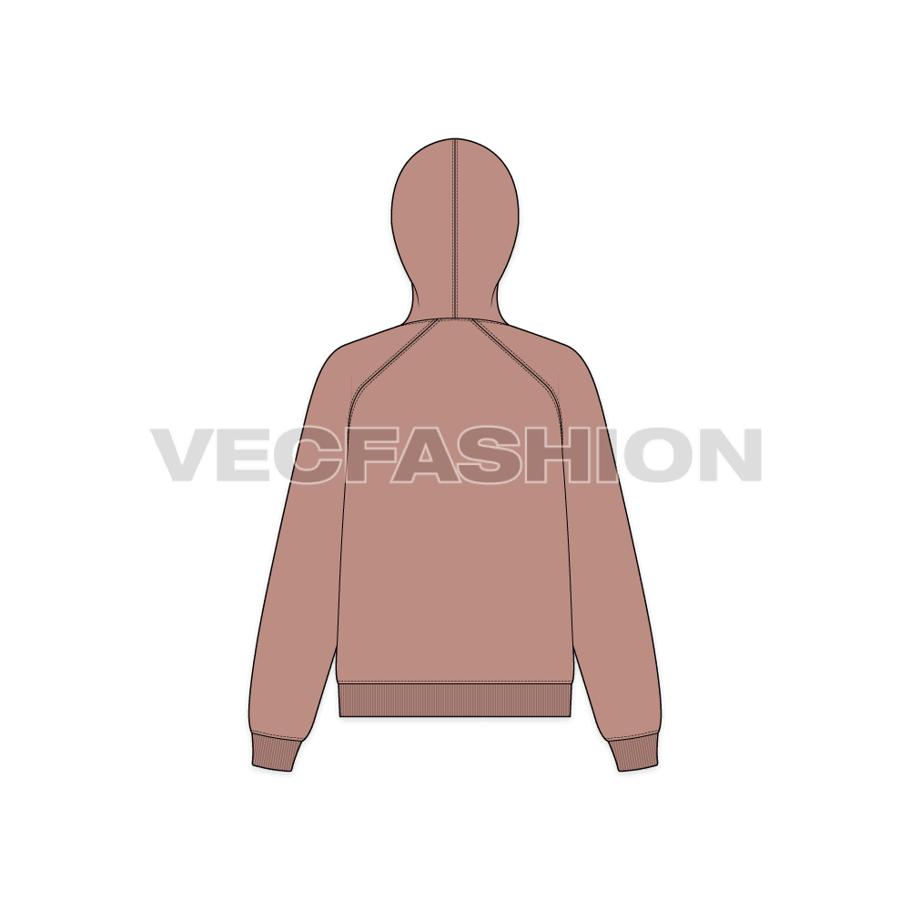 Womens raglan sleeve hoodie, zip up flat sketch, back view