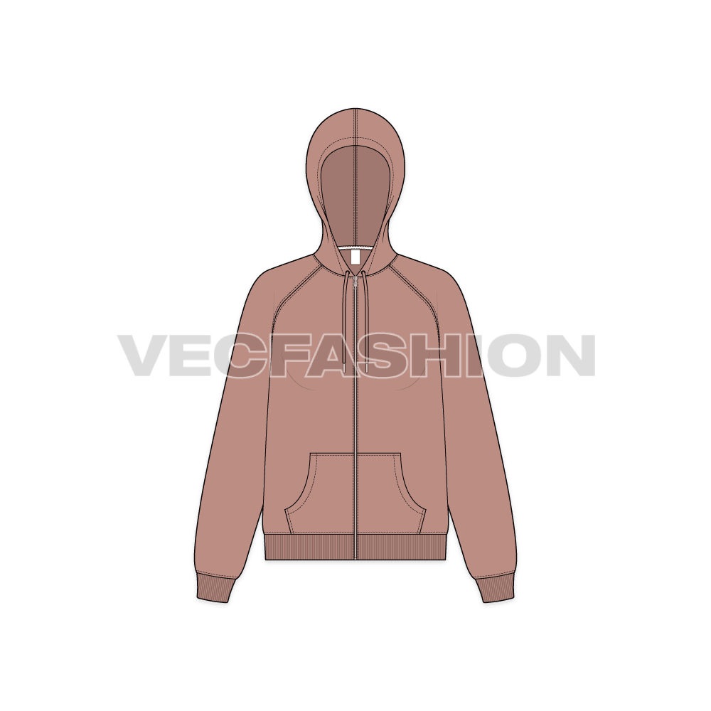 Womens raglan sleeve hoodie, zip up flat sketch, front view
