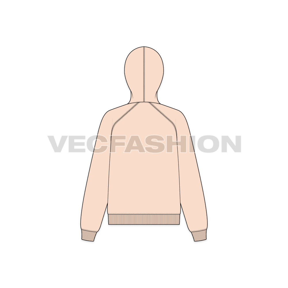 Womens raglan sleeve hoodie with half zip flat sketch, back view