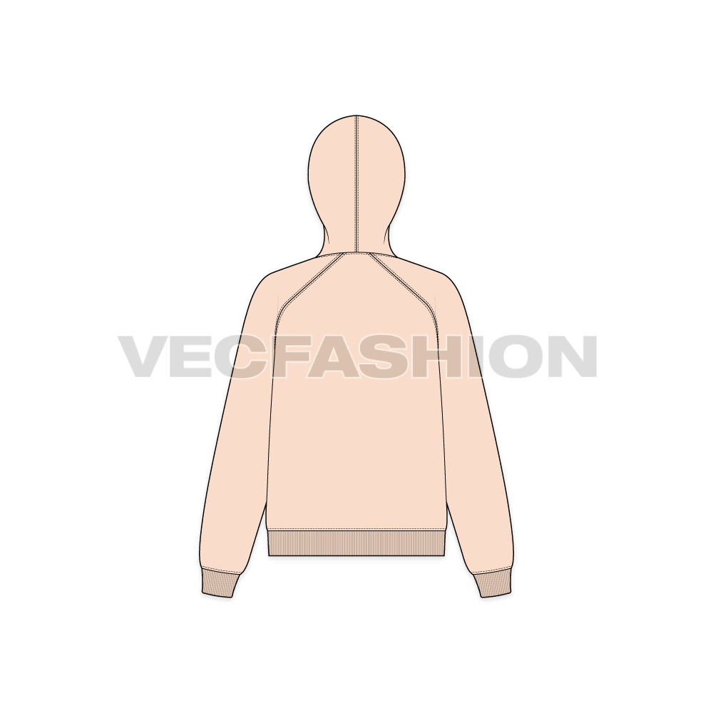 A vector illustrator sketch template of Women's Raglan Sleeve Hoodie With Half Zip. It is illustrated with Front, Side and Back view.
