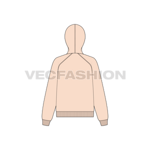 A vector illustrator sketch template of Women's Raglan Sleeve Hoodie With Half Zip. It is illustrated with Front, Side and Back view.