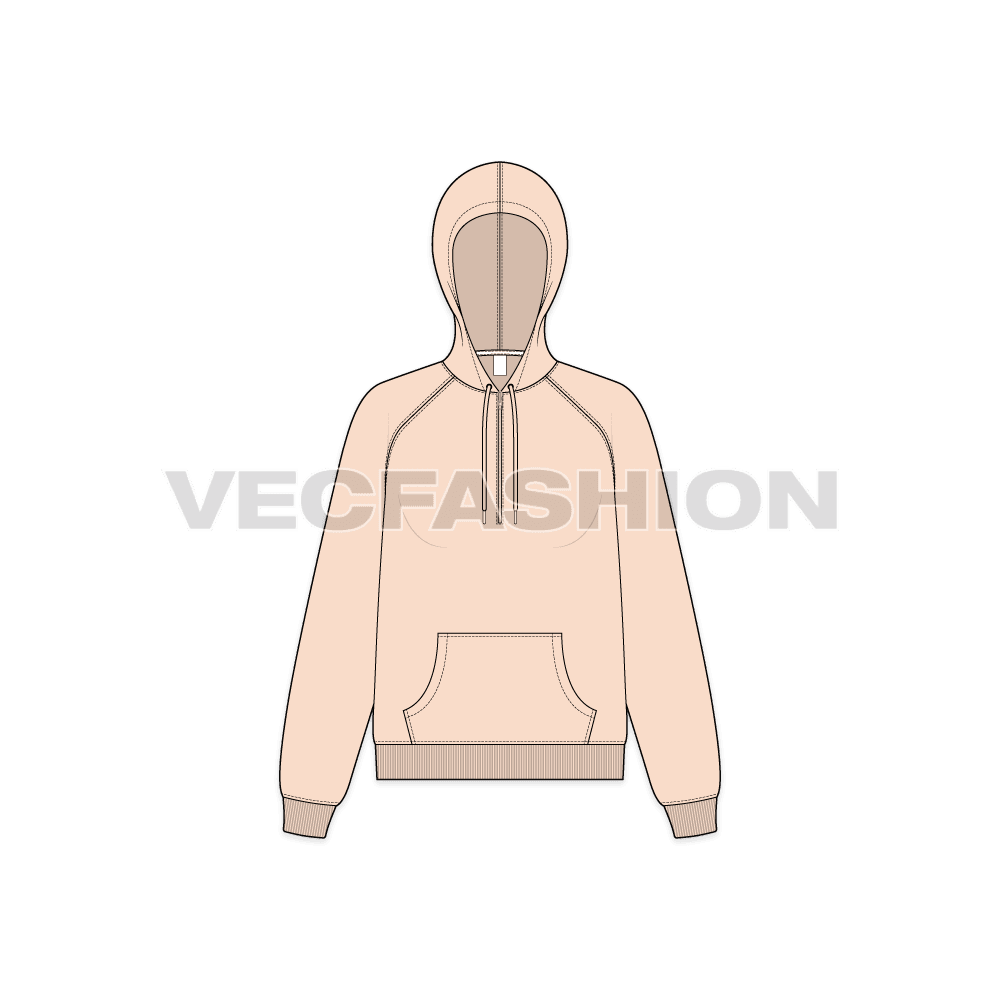 Womens raglan sleeve hoodie with half zip flat sketch, front view