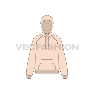 A vector illustrator sketch template of Women's Raglan Sleeve Hoodie With Half Zip. It is illustrated with Front, Side and Back view.