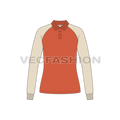 Womens raglan sleeve polo neck tee flat sketch, front view