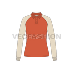 Womens raglan sleeve polo neck tee flat sketch, front view