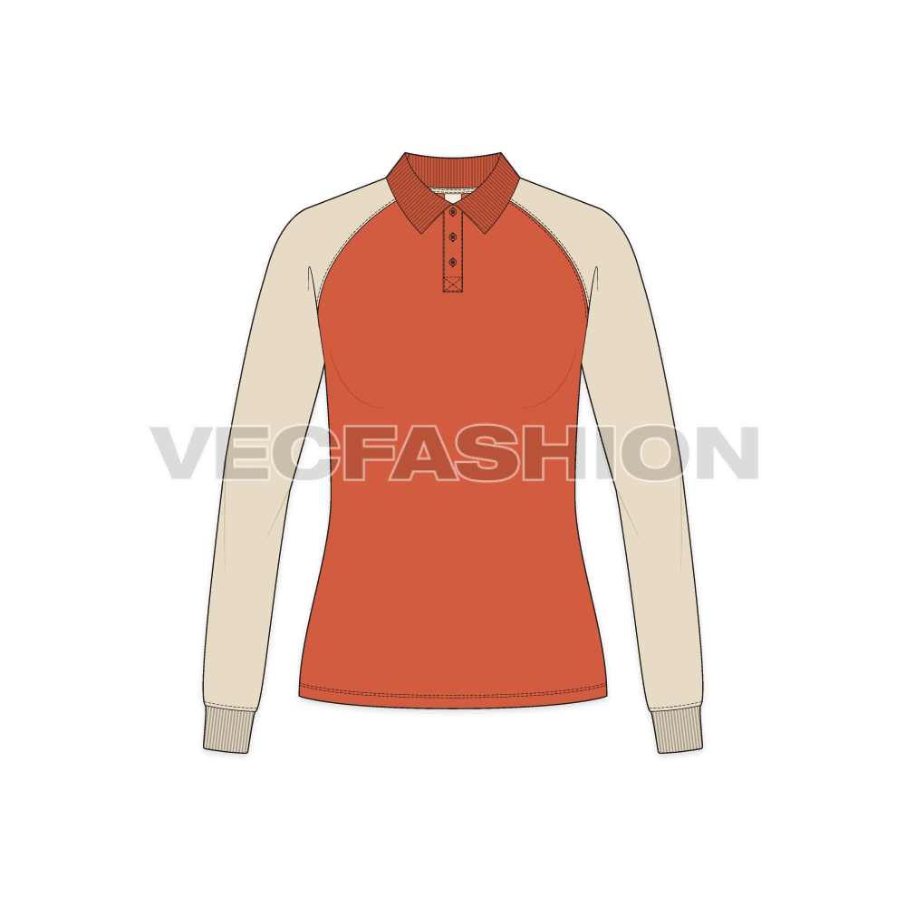 Womens raglan sleeve polo neck tee flat sketch, front view