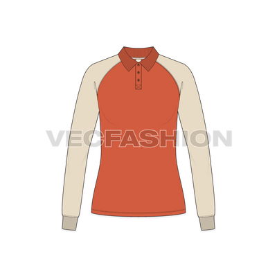 A vector fashion template for Women's Raglan Sleeve Polo Neck Tee.