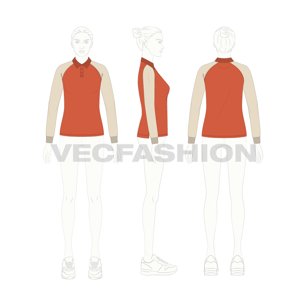 Womens raglan sleeve polo neck tee flat sketch, croqui sketch