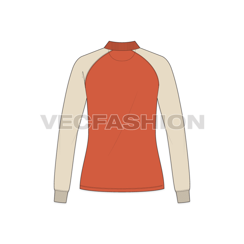 Womens raglan sleeve polo neck tee flat sketch, back view