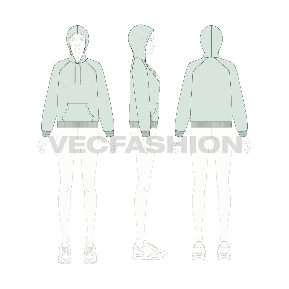 Womens raglan sleeve pullover hoodie flat sketch, croqui sketch