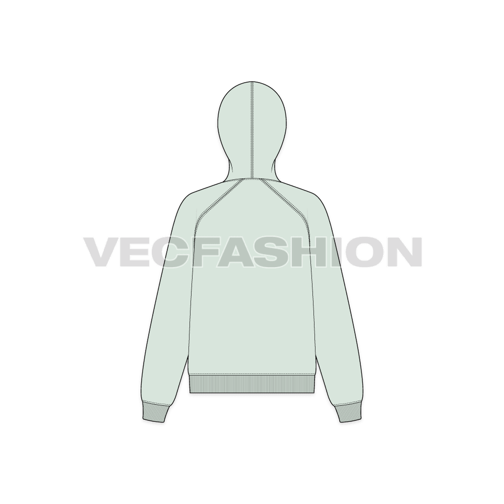 Womens raglan sleeve pullover hoodie flat sketch, back view