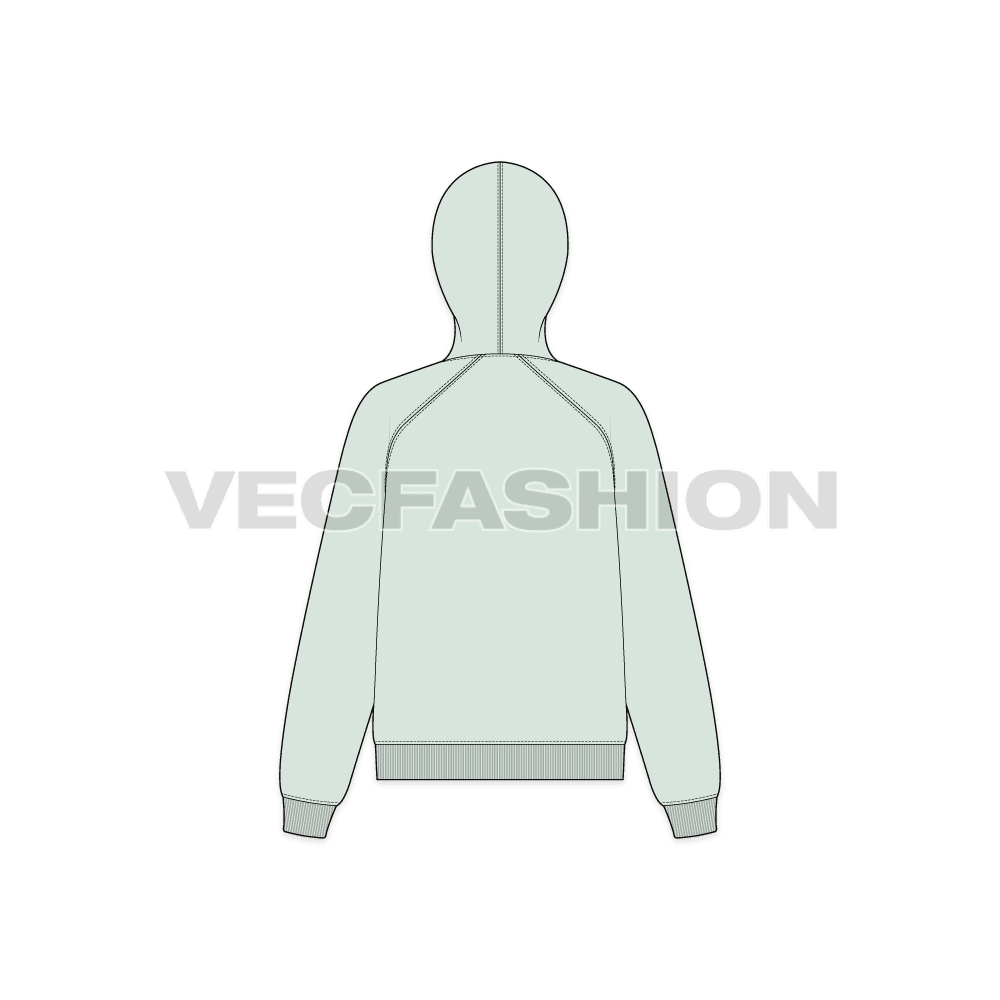 A vector illustrator sketch template of Women's Raglan Sleeve Pullover Hoodie. It is illustrated with Front, Side and Back view. 