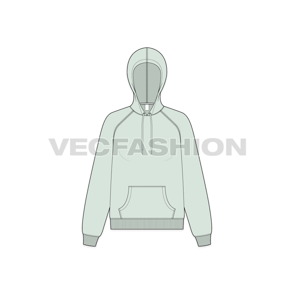 Womens raglan sleeve pullover hoodie flat sketch, front view