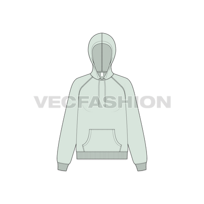 A vector illustrator sketch template of Women's Raglan Sleeve Pullover Hoodie. It is illustrated with Front, Side and Back view. 