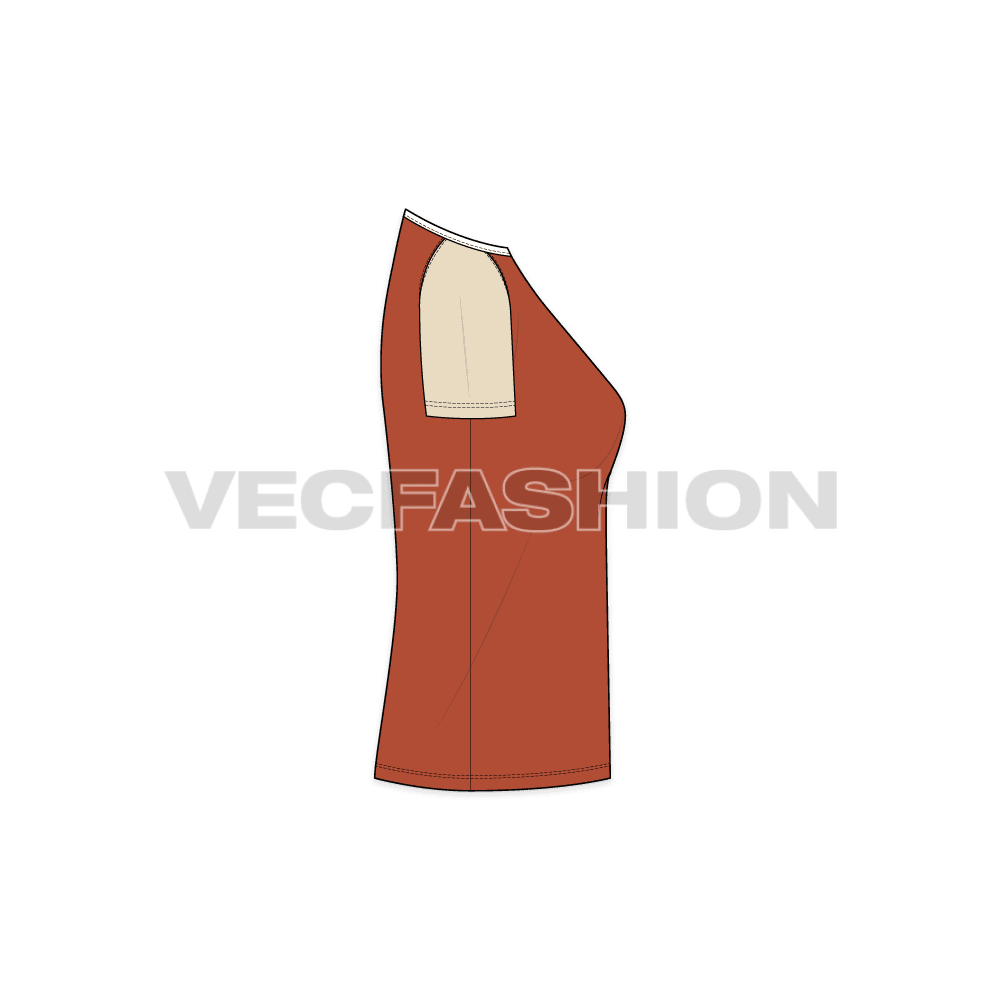 Womens raglan sleeved tee flat sketch, side view