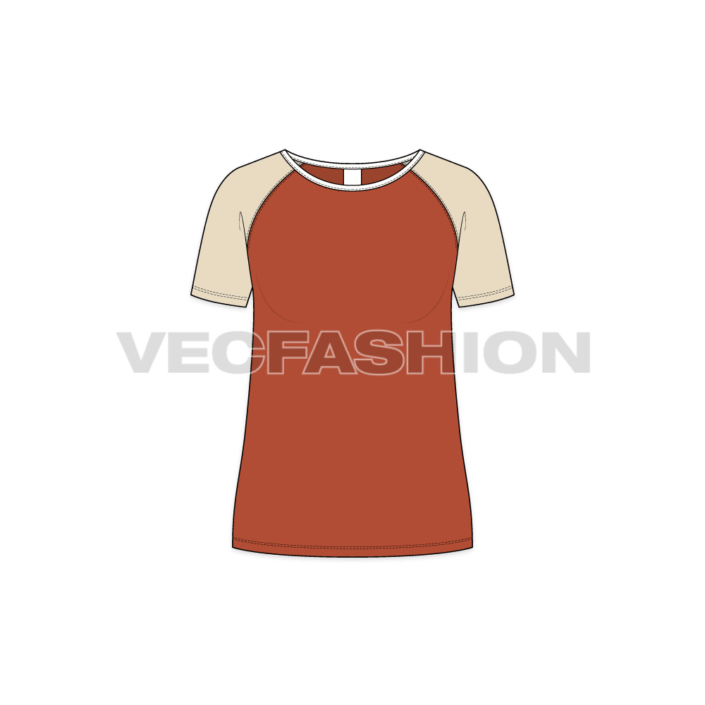 Womens raglan sleeved tee flat sketch, front view