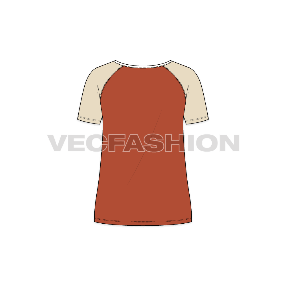 Womens raglan sleeved tee flat sketch, back view