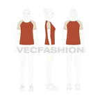 Womens raglan sleeved tee flat sketch, croqui sketch
