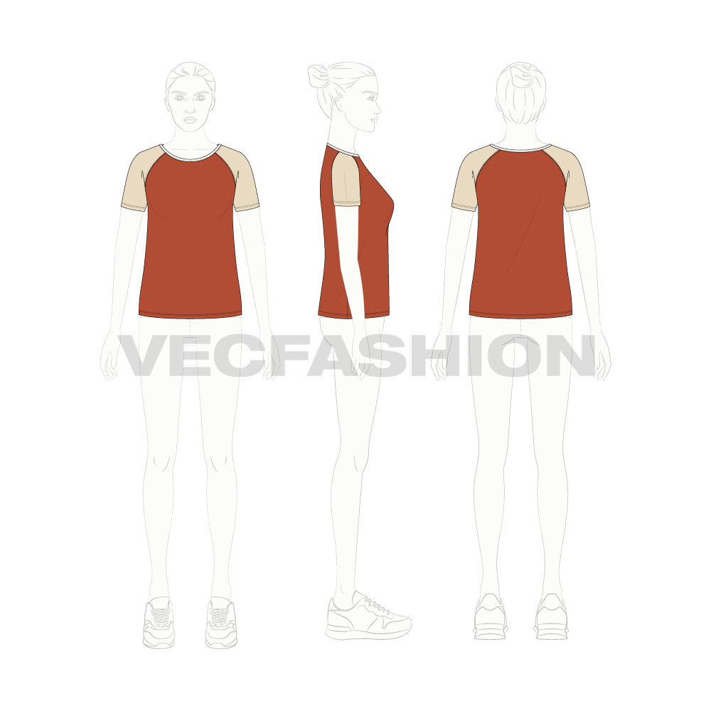 Womens raglan sleeved tee flat sketch, croqui sketch