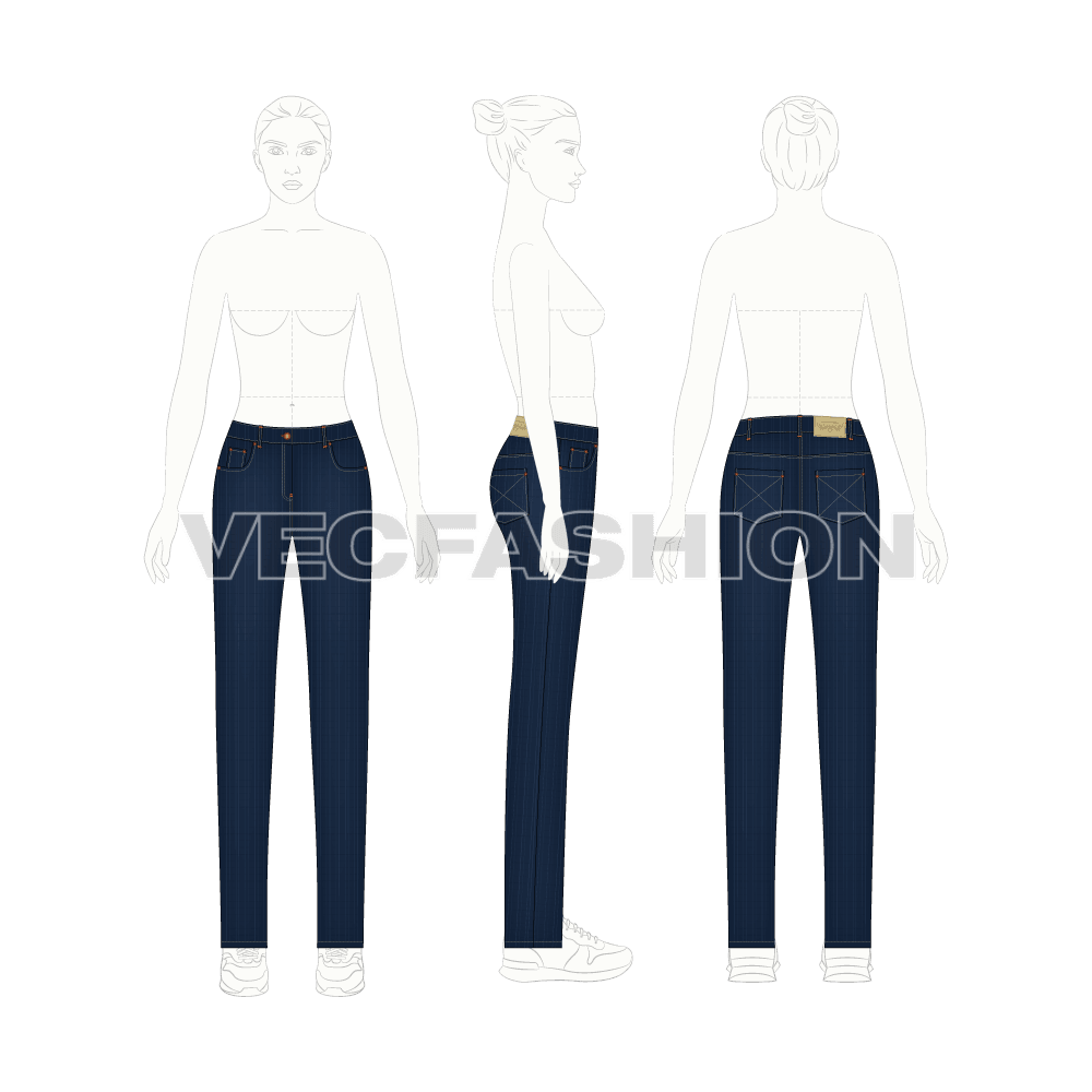 Womens regular fit denim jeans flat sketch, on croqui