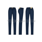 Womens regular fit denim jeans flat sketch, showing all views, front, side and back