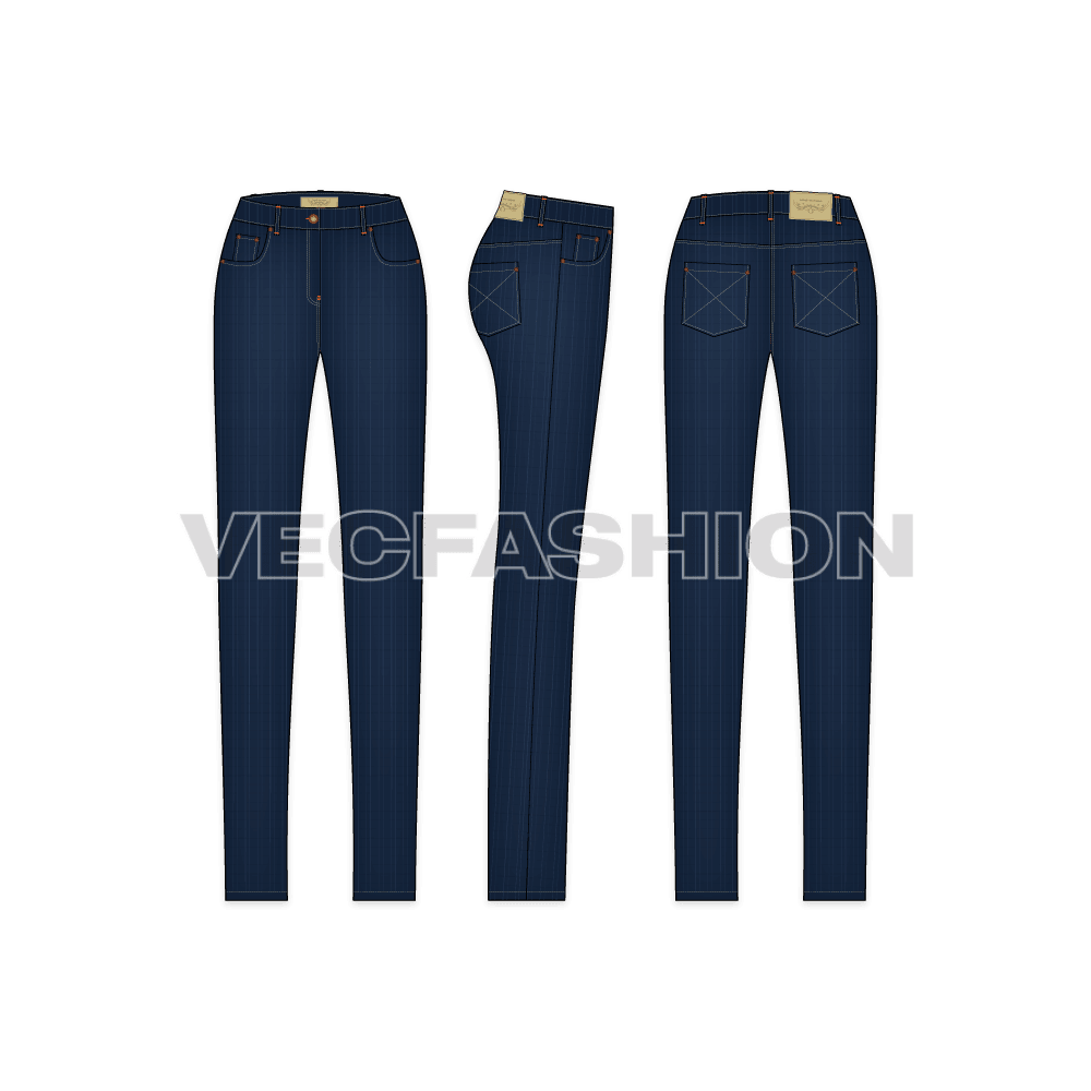 Womens regular fit denim jeans flat sketch, showing all views, front, side and back